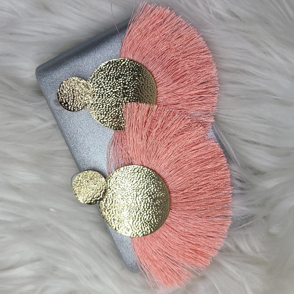 Earrings Hammered Gold Peach Fringe Lightweight Bold Statement Travel Beach Fun